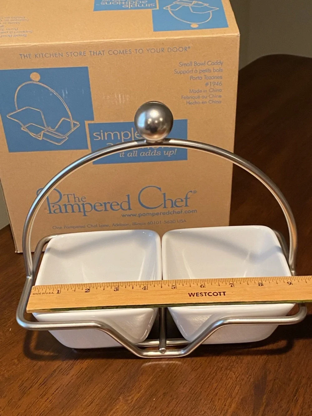 NIB- The Pampered Chef White Ceramic Double Serving Dishes w/ Silver Metal Stand